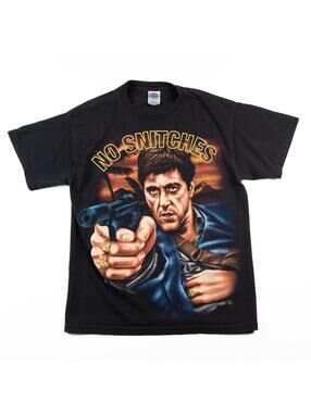 Y2K Scarface Tony Montana No Snitches Graphic T Shirt Black Mens Medium